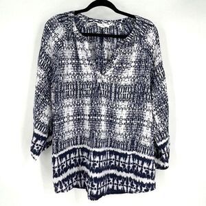 Beach Lunch Lounge flowy notch neck blouse  size XL abstract bohemian White blue